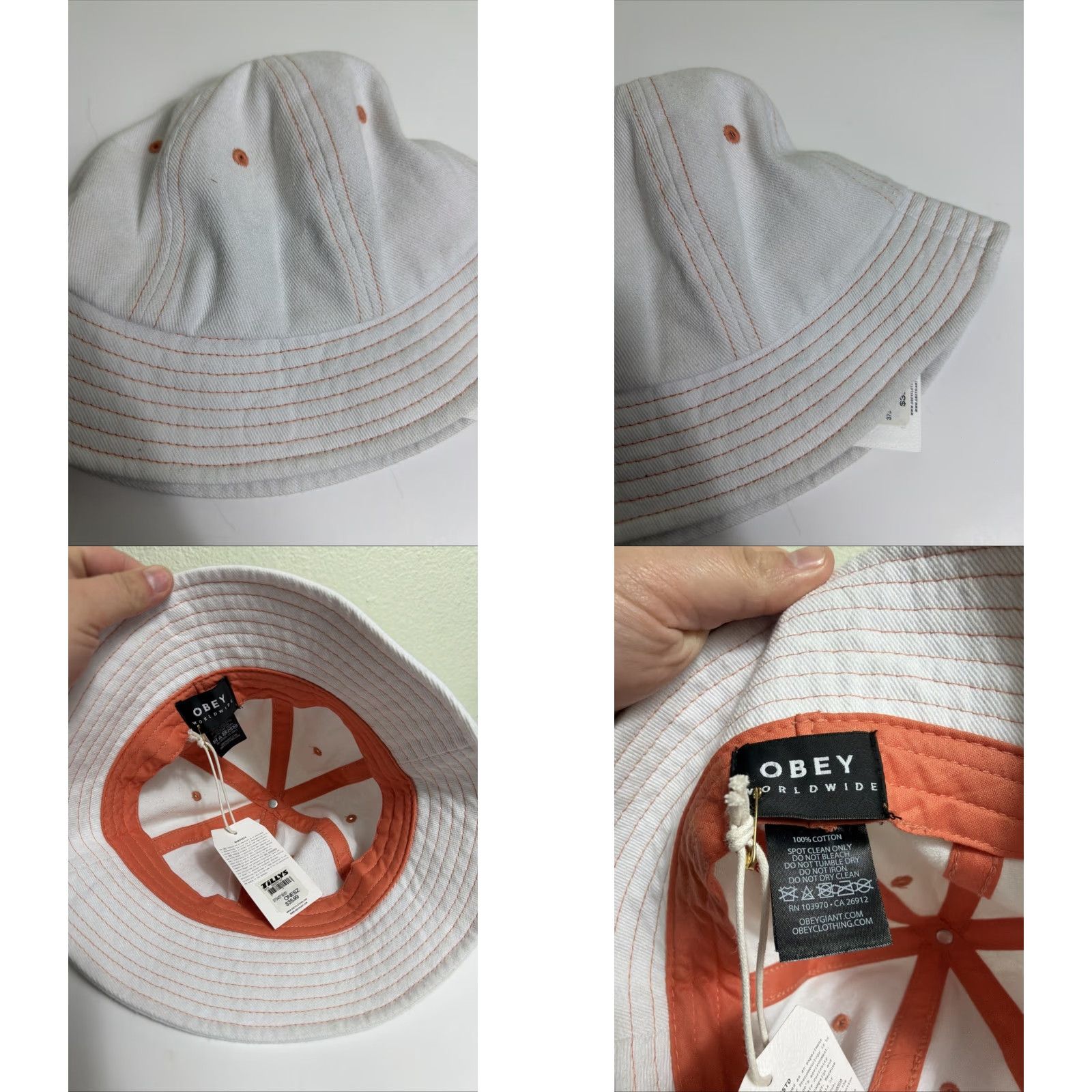 Obey VINTAGE Obey Bucket Hat 100% Cotton White Orange One Size Women Size ONE SIZE - 8 Thumbnail