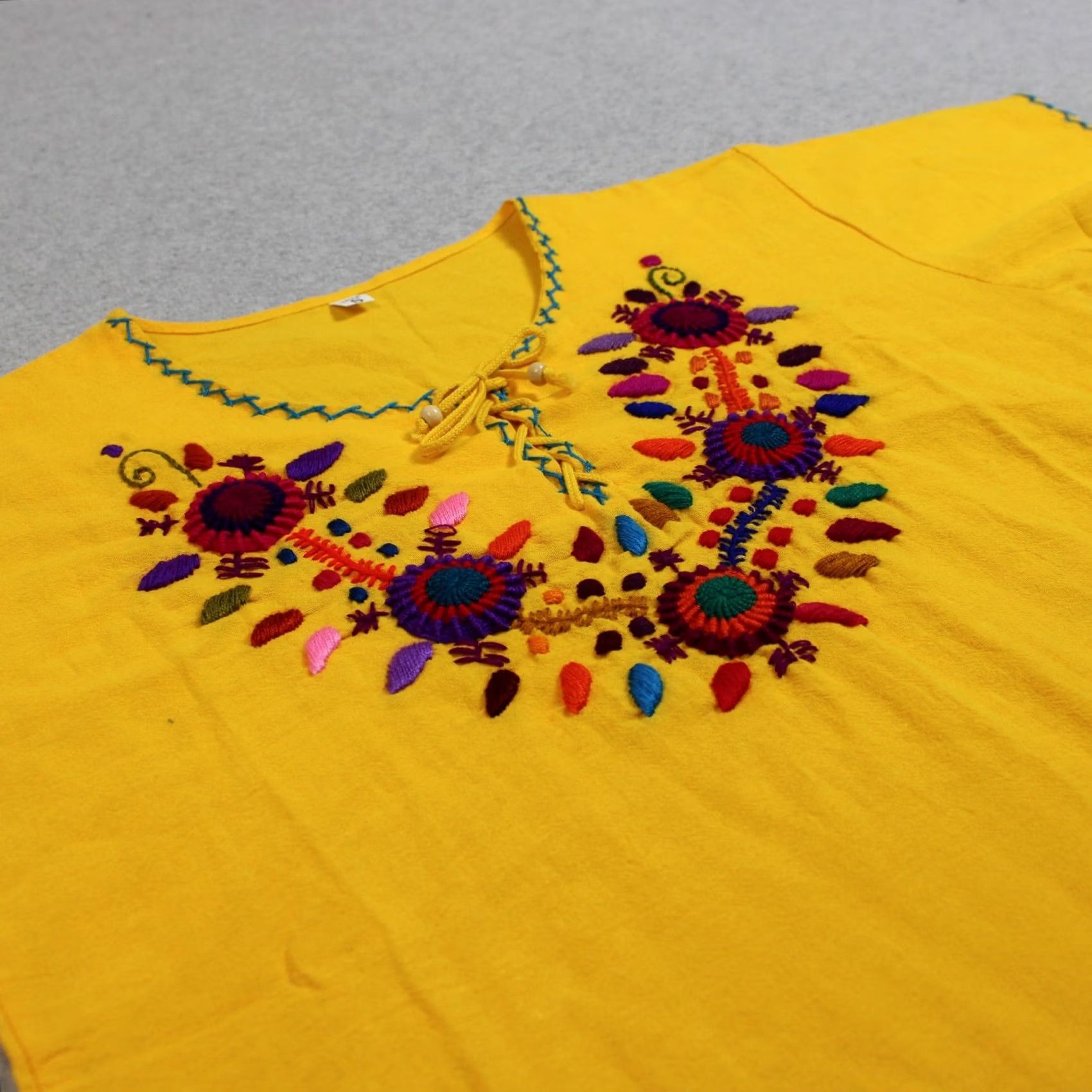 Vintage Mexican Embroidered Shirt Women S Yellow Floral Boho Cotton Festival Artsy Tunic V-neck Short Sleeve Womens Mens Size S / US 4 / IT 40 - 5 Thumbnail