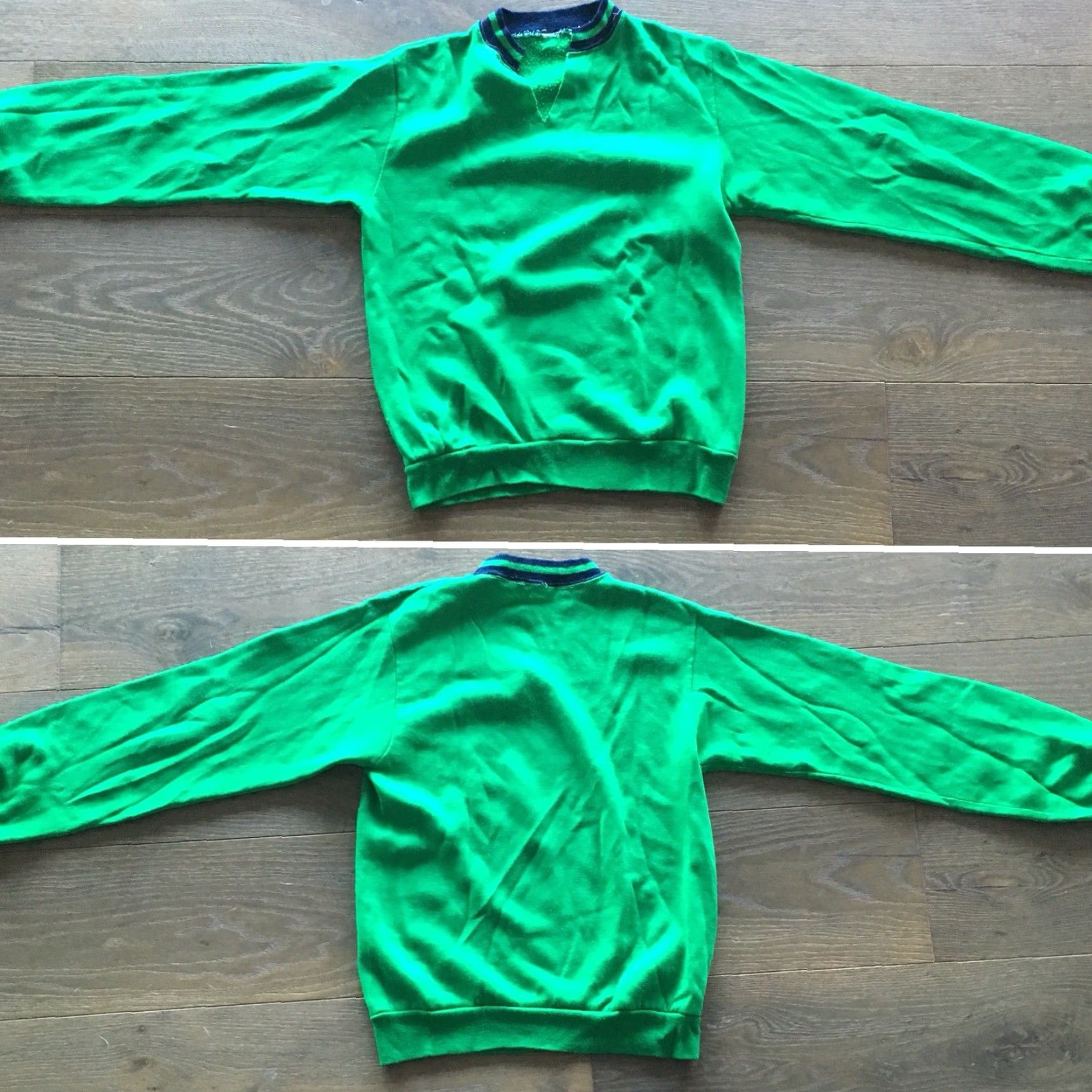 Vintage VINTAGE Sweatshirt Green With Navy Striped Neck & Sleeves Ends XS S Sweatshirt Men XS S Green Striped Vintage Mens Size US S / EU 44-46 / 1 - 7 Thumbnail