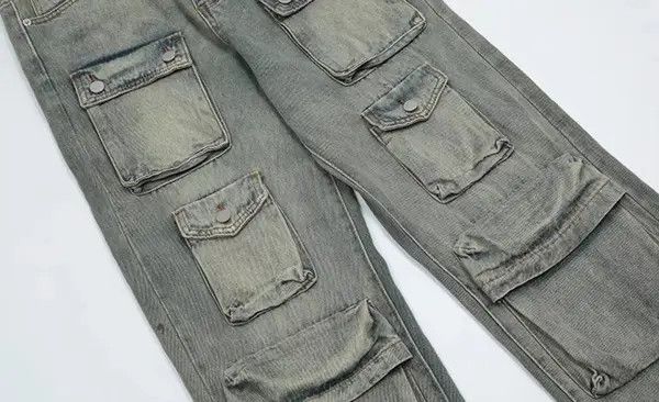 VIBE Retro yellow mud-dyed washed distressed multi-pocket jeans Size US 32 / EU 48 - 6 Thumbnail