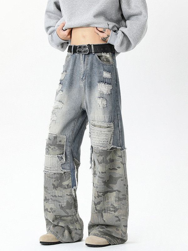 Japanese Brand Street men's loose stitching wide-leg straight ripped jeans Size US 32 / EU 48 - 3 Thumbnail