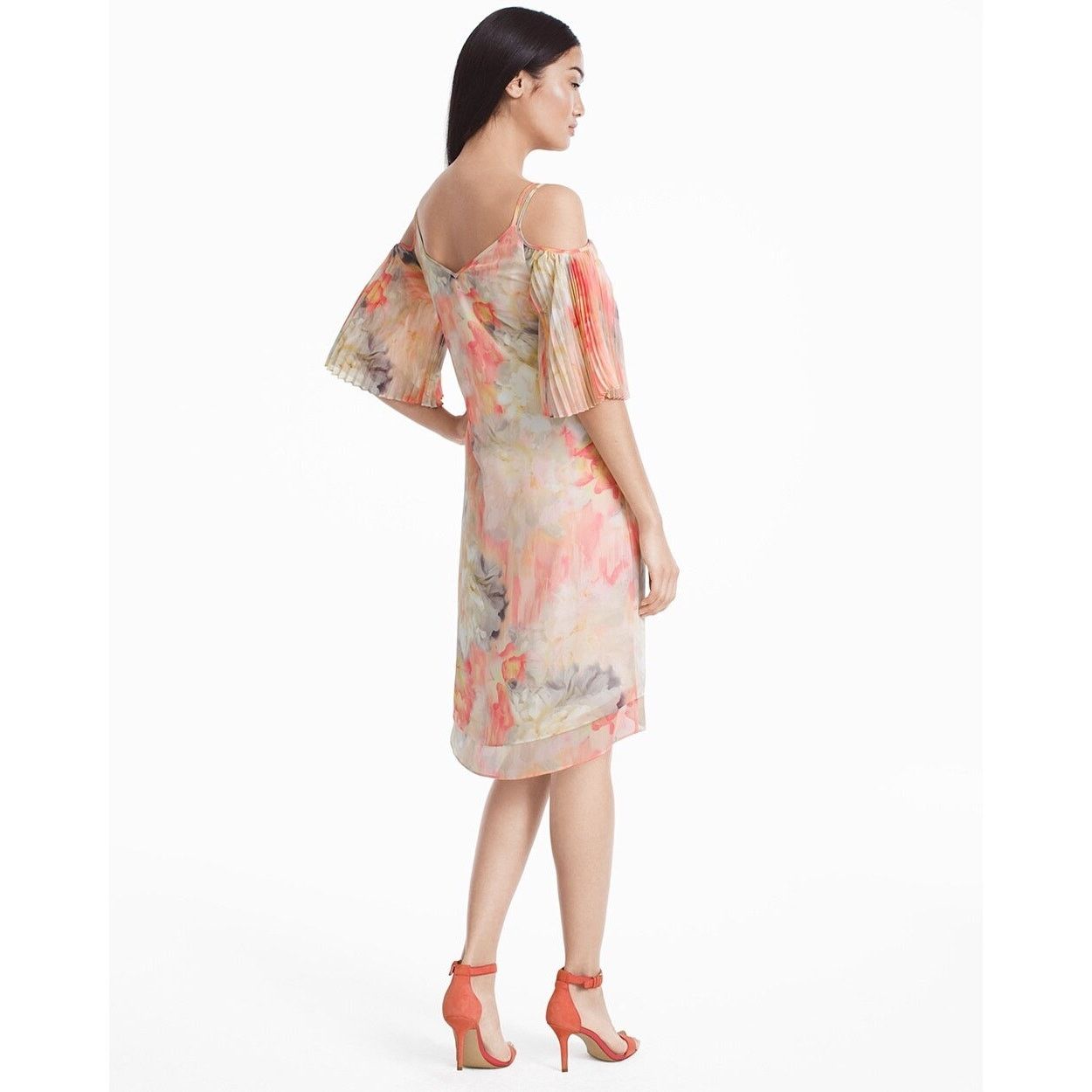White House Black Market WHBM | Cold Shoulder Pleat Sleeve Watercolor Print Dress Size XS / US 0-2 / IT 36-38 - 2 Thumbnail
