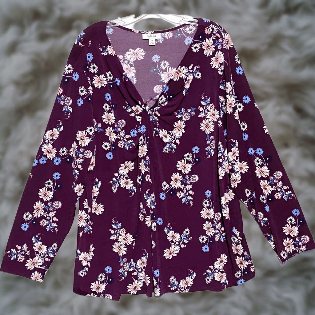Vintage Style&co Floral Purple Pink Blouse Top Plus 3X Twist V Neck Boho Office Career Blouse Size XXL / US 16-18 / IT 52-54 - 1 Thumbnail