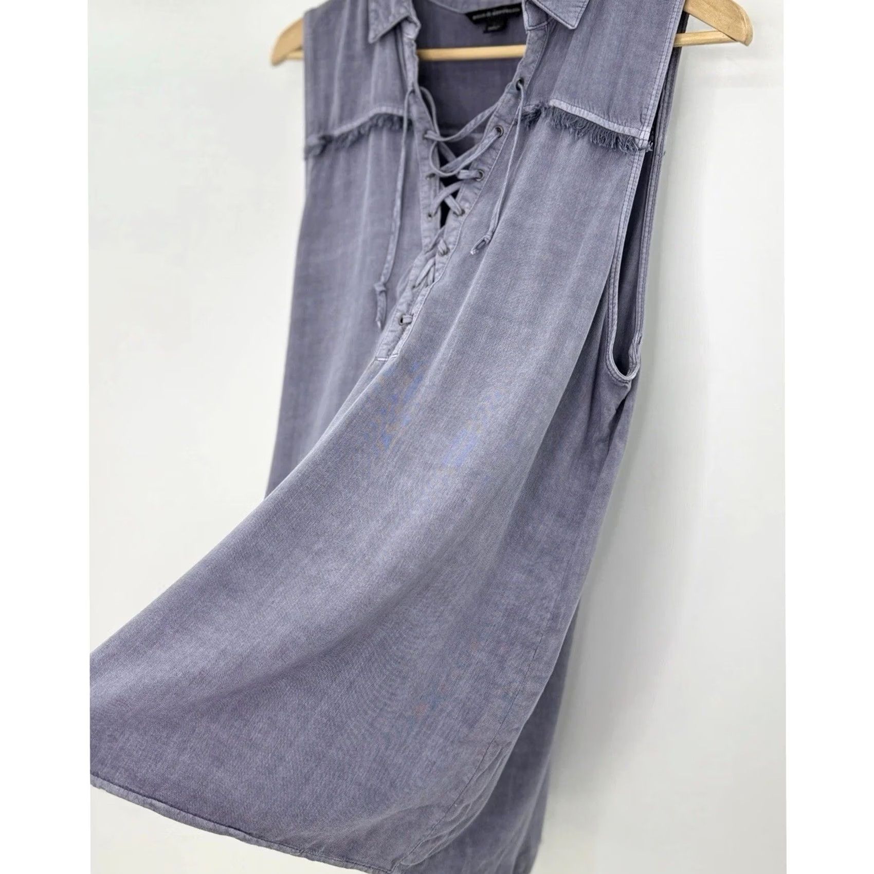 Vintage Rock & Republic Blouse Sleeveless Lace Up Neck Fringe Sz L Western Boho Blue Womens Size L / US 10 / IT 46 - 4 Thumbnail