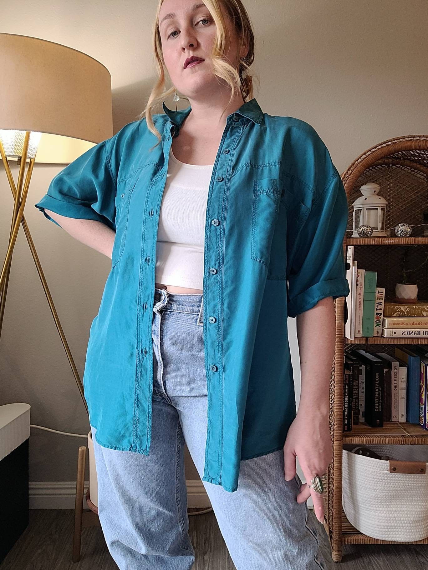 Vintage Vintage 80s/90s Relaxed Teal Silk Short Sleeve Button-up Size US L / EU 52-54 / 3 - 1 Thumbnail