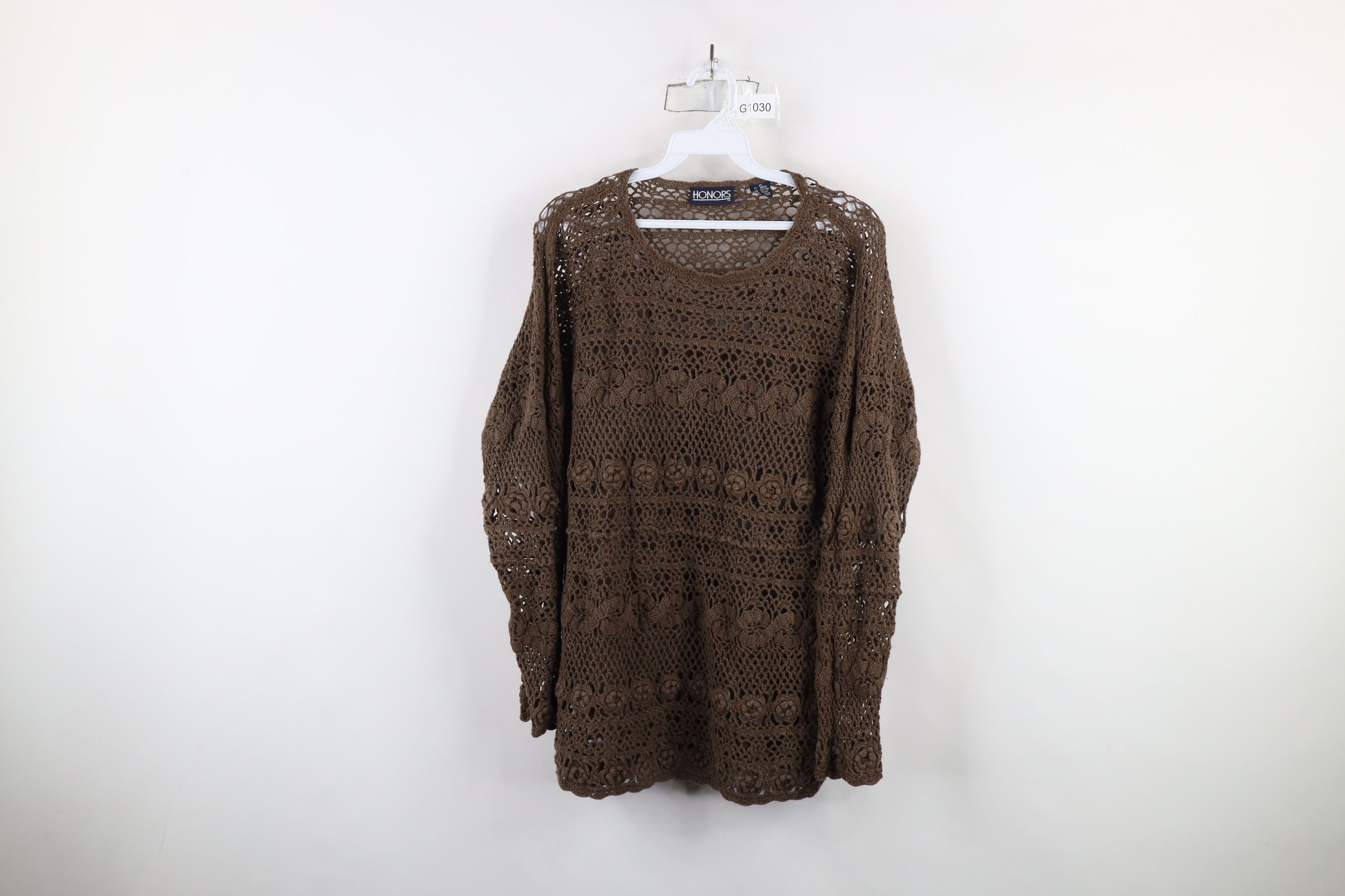 Vintage Vintage 90s Y2K Babydoll Crochet Knit Flower Sweater Brown Size M / US 6-8 / IT 42-44 - 1 Thumbnail
