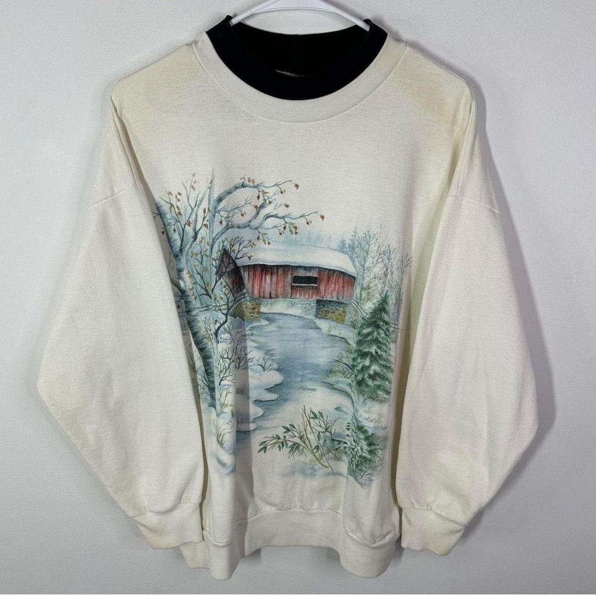 Vintage Vintage 90s White Winter Nature Covered Bridge Crewneck Size US L / EU 52-54 / 3 - 1 Thumbnail
