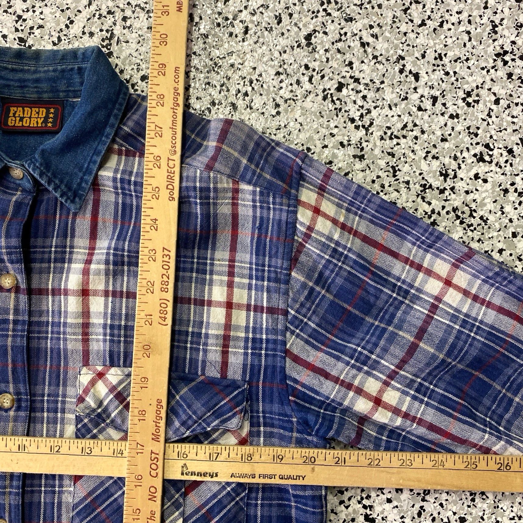 Faded Glory VINTAGE Faded Glory Flannel Shirt Plaid Denim Collar 90s Stained Mens S Blue"} Size US S / EU 44-46 / 1 - 3 Thumbnail