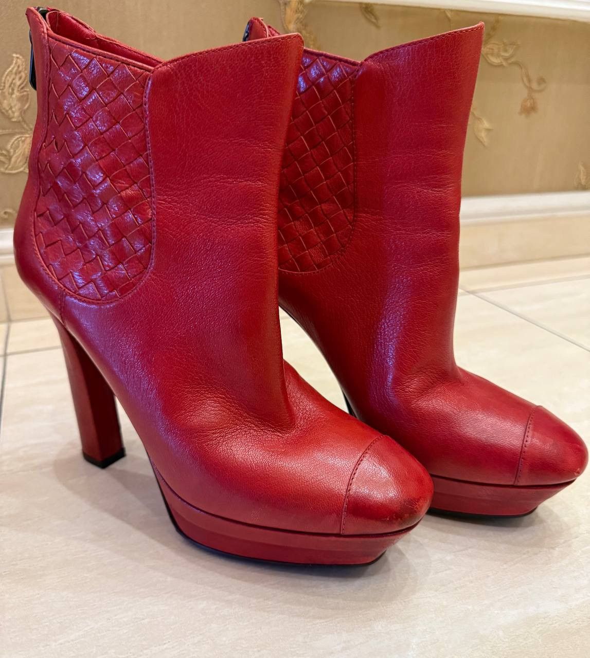 Bottega Veneta Bottega Veneta Red Leather Intrecciato Platform Ankle Boots Size US 10 / IT 40 - 10 Thumbnail