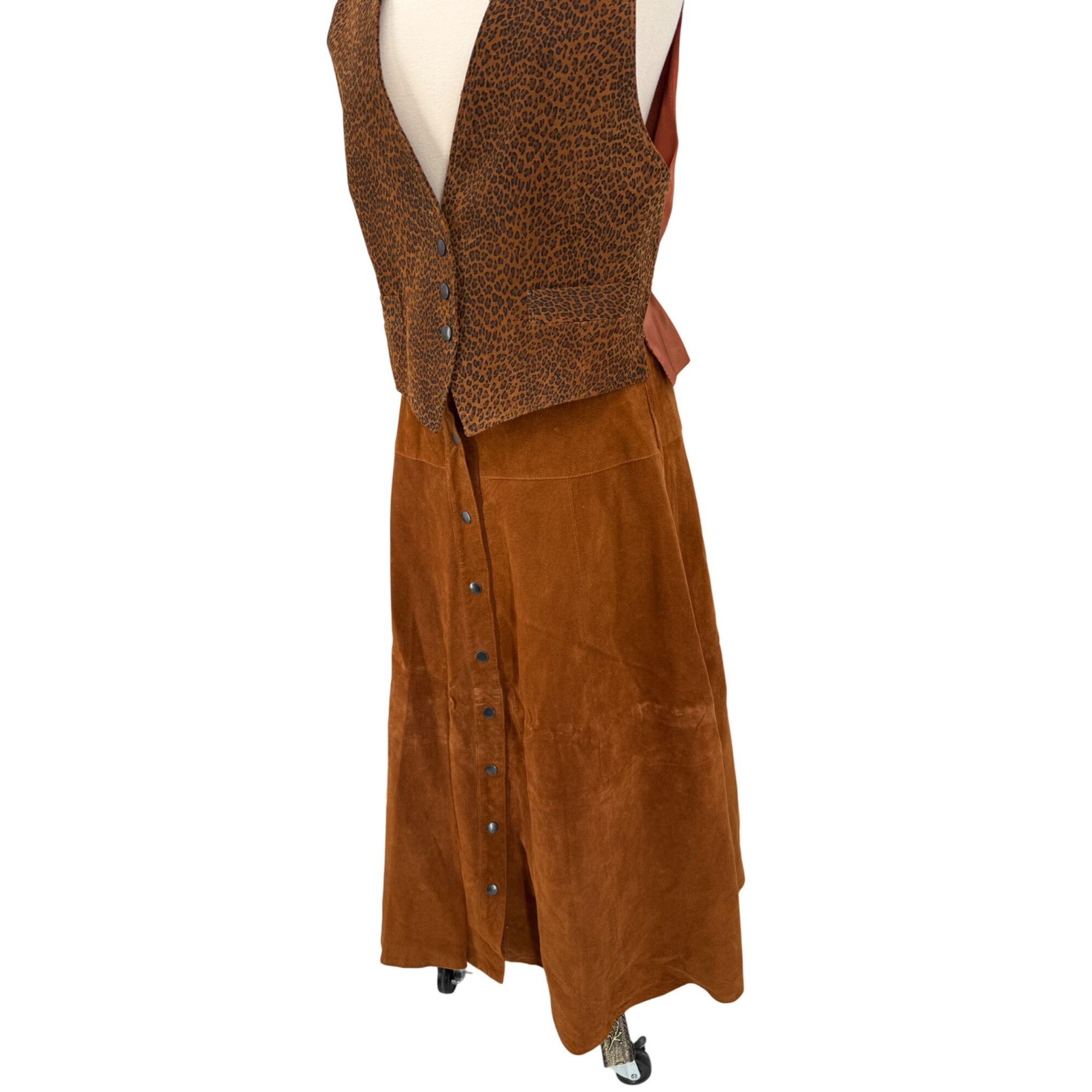 Other Vintage Brown Leopard Print Vest & Suede Skirt Set Button De Size 28" / US 6 / IT 42 - 3 Thumbnail