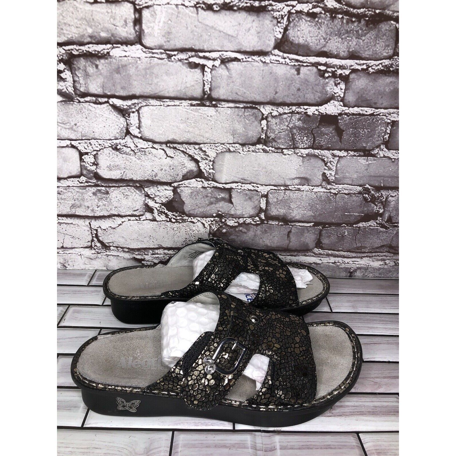 Other Alegria PEG 780 Black Silver Mosaic Leather Platform Slides Size US 10.5 / IT 40.5 - 18 Thumbnail