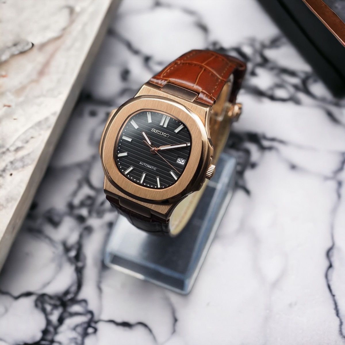 Japanese Brand Seiko Mod Nautilus Black Rosegold Leather Strap Watch 41mm Size ONE SIZE - 3 Thumbnail