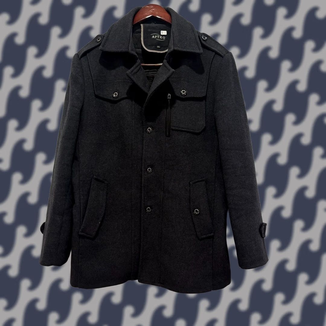 Vintage Aptro Mens Wool Blend Pea Coat Jacket Charcoal Gray Military Style 2XL Size US XXL / EU 58 / 5 - 1 Thumbnail