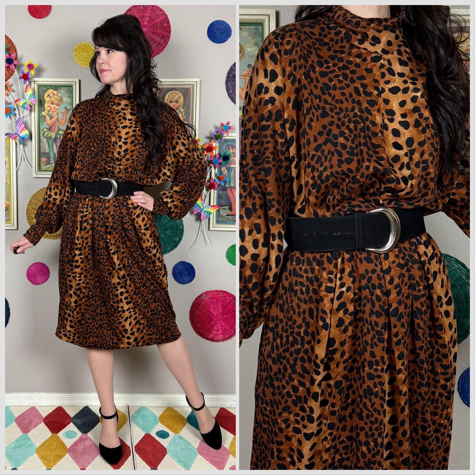 Vintage 1970s Cheetah Print Long Sleeve Turtleneck Jersey Midi Dress Size M / US 6-8 / IT 42-44 - 1 Thumbnail