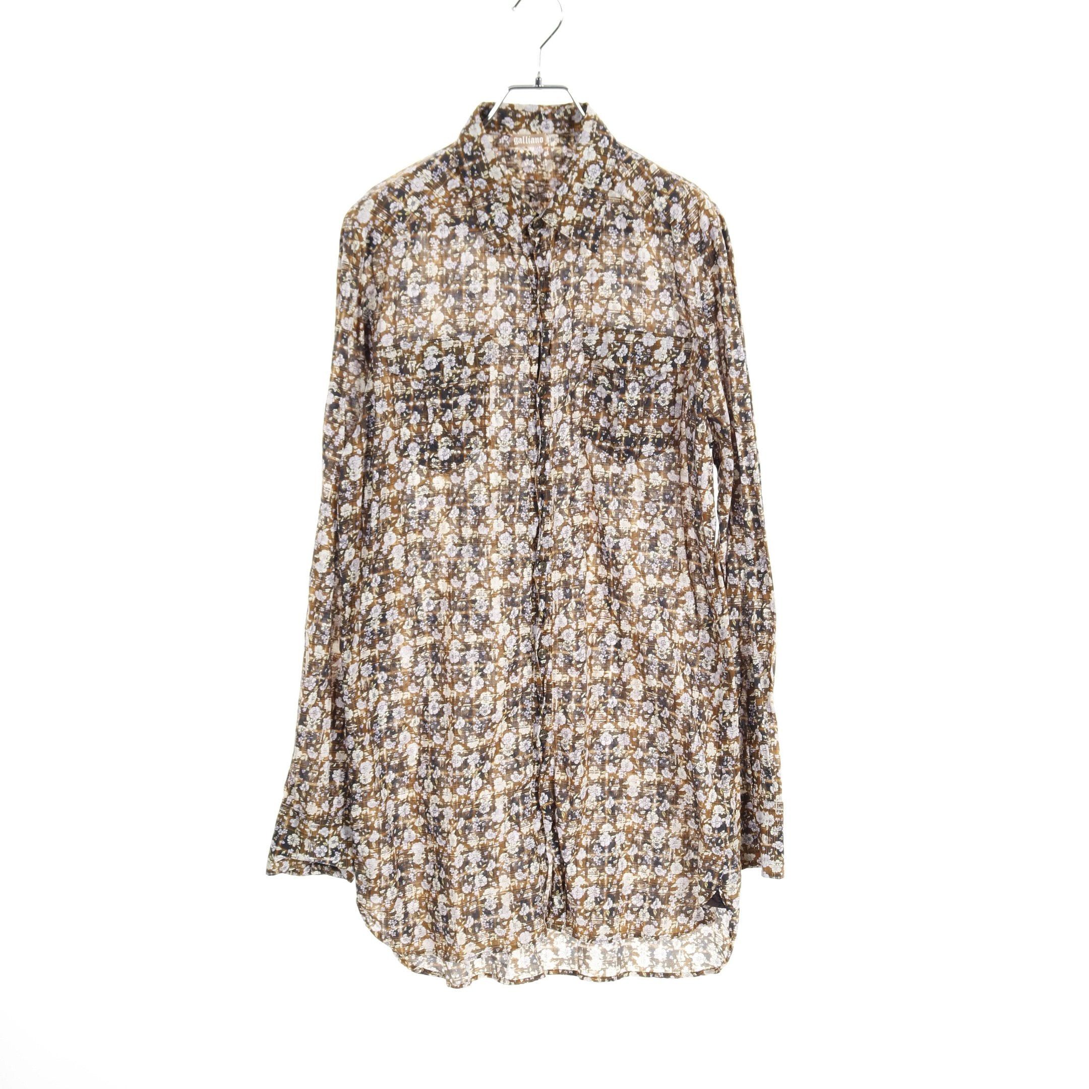 Galliano Long Shirt Floral Cotton Yellow Brown Multicolor