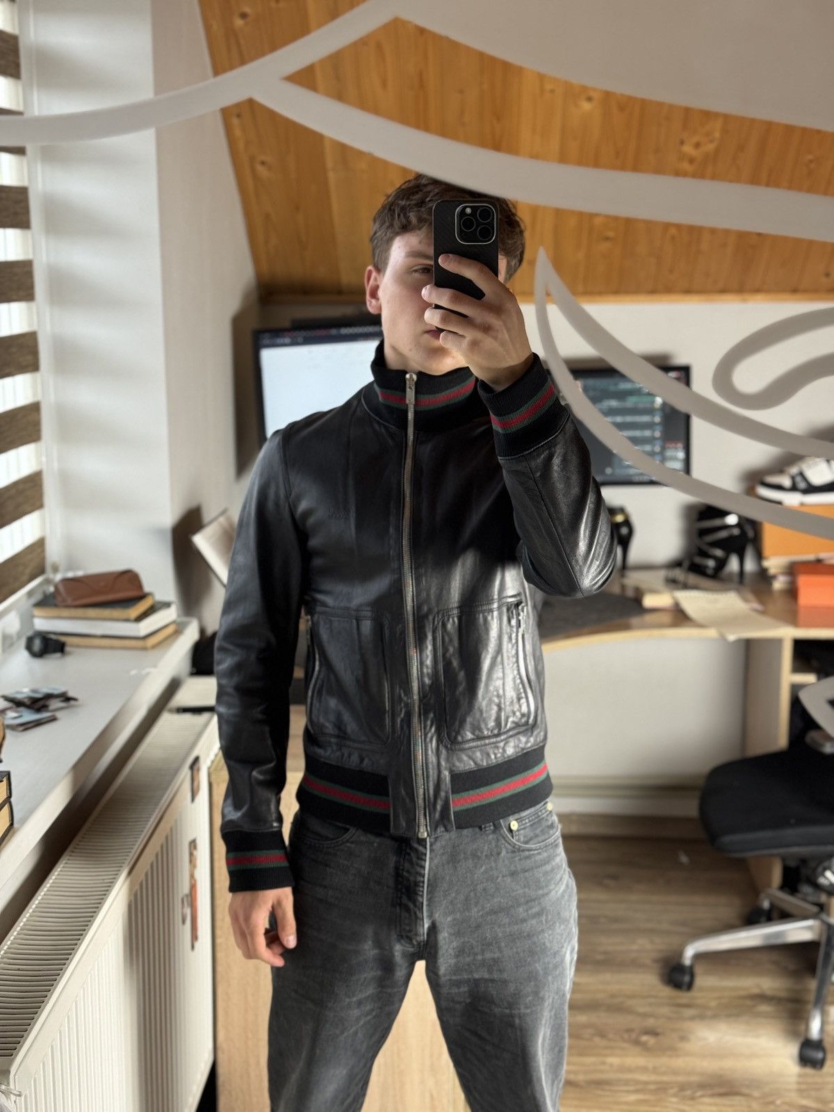 Gucci Signature Tom Ford Leather Bomber Moto Racing Jcaket