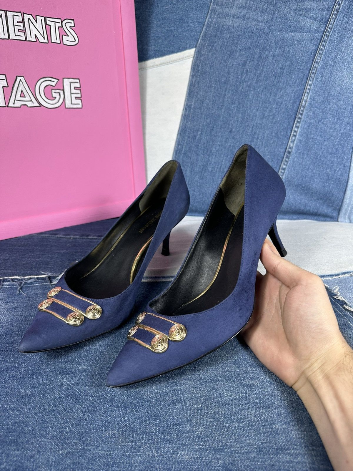 Pierre Balmain Pierre Balmain Heels Suede Blue Shoes Gold Hardware Pins Size US 11 / IT 41 - 12 Thumbnail