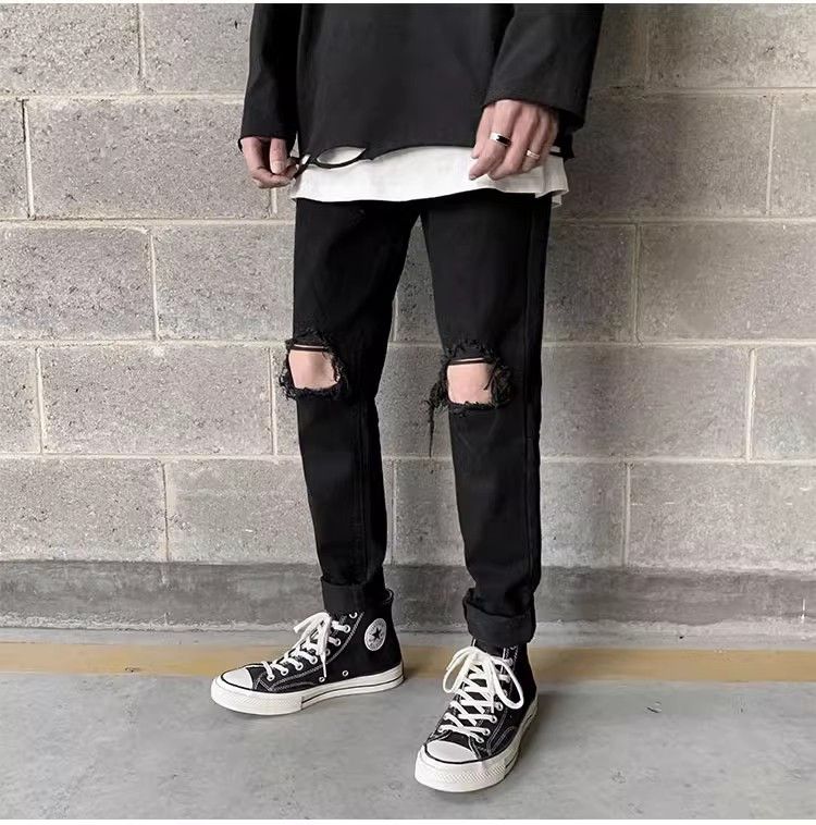image of Straight Fit And Versatile Distressed Jeans in Black, Men's (Size 28)