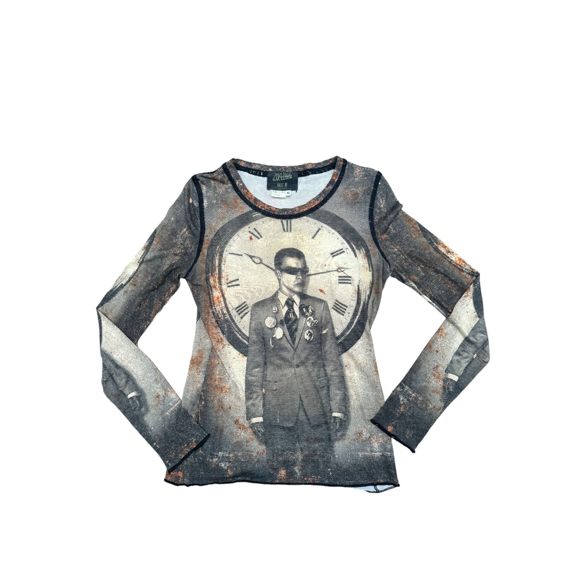 image of Jean Paul Gaultier Vintage Clockwork Print Mesh Longsleeves in Brown, Women's (Size Medium)