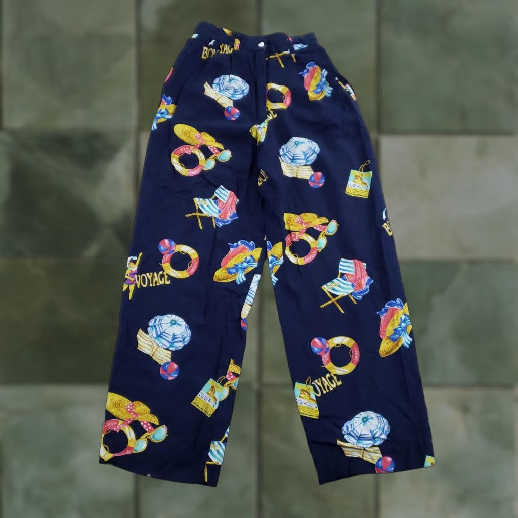 Vintage VINTAGE Breeches Pants Womens 2 Blue Bon Voyage Cruise Print High Rise Rayon 90s Size 26" / US 2 / IT 38 - 1 Thumbnail