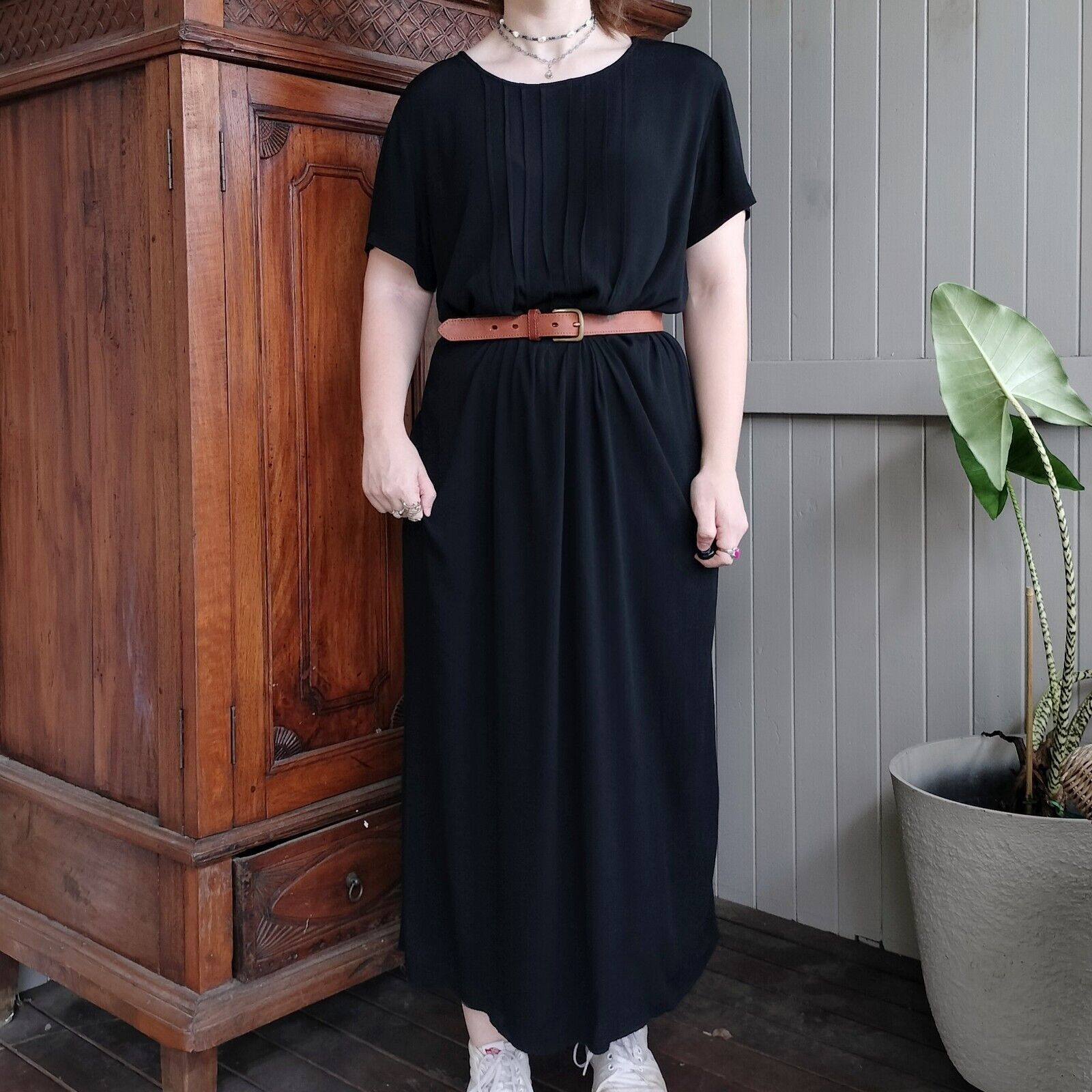 Womens Black Maxi Dress Size 16 Short Sleeve Tie Waist