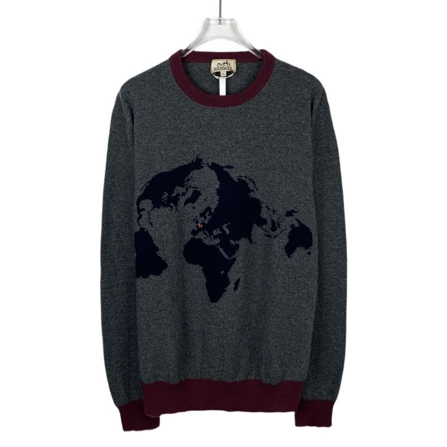 Hermes Hermès Gray Wool Sweater With Burgundy Trim & World Map Grap Size US L / EU 52-54 / 3 - 1 Thumbnail