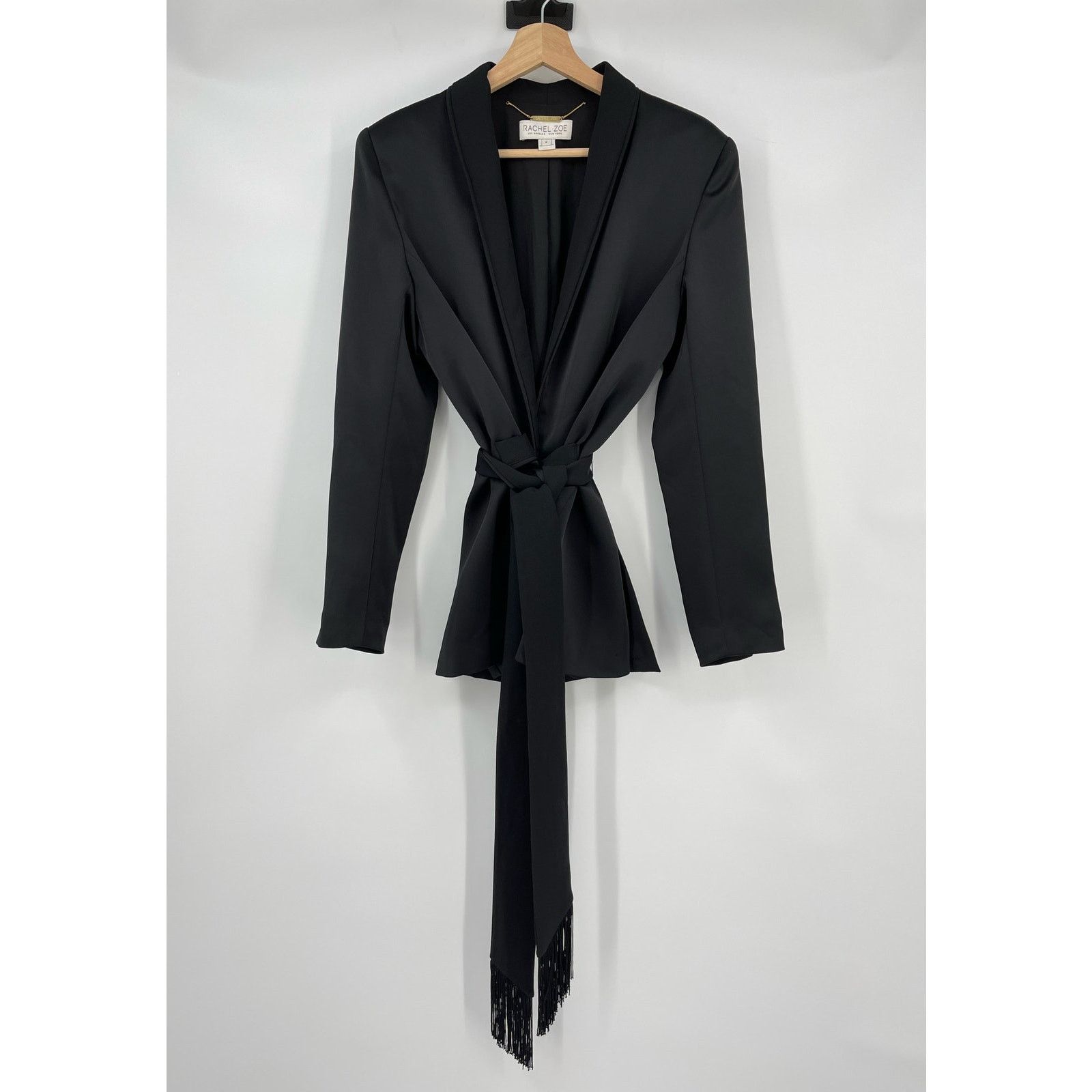 Rachel Zoe Rachel Zoe | Roarke Belted Grosgrain Trim Black Satin Blazer Size M / US 6-8 / IT 42-44 - 4 Thumbnail