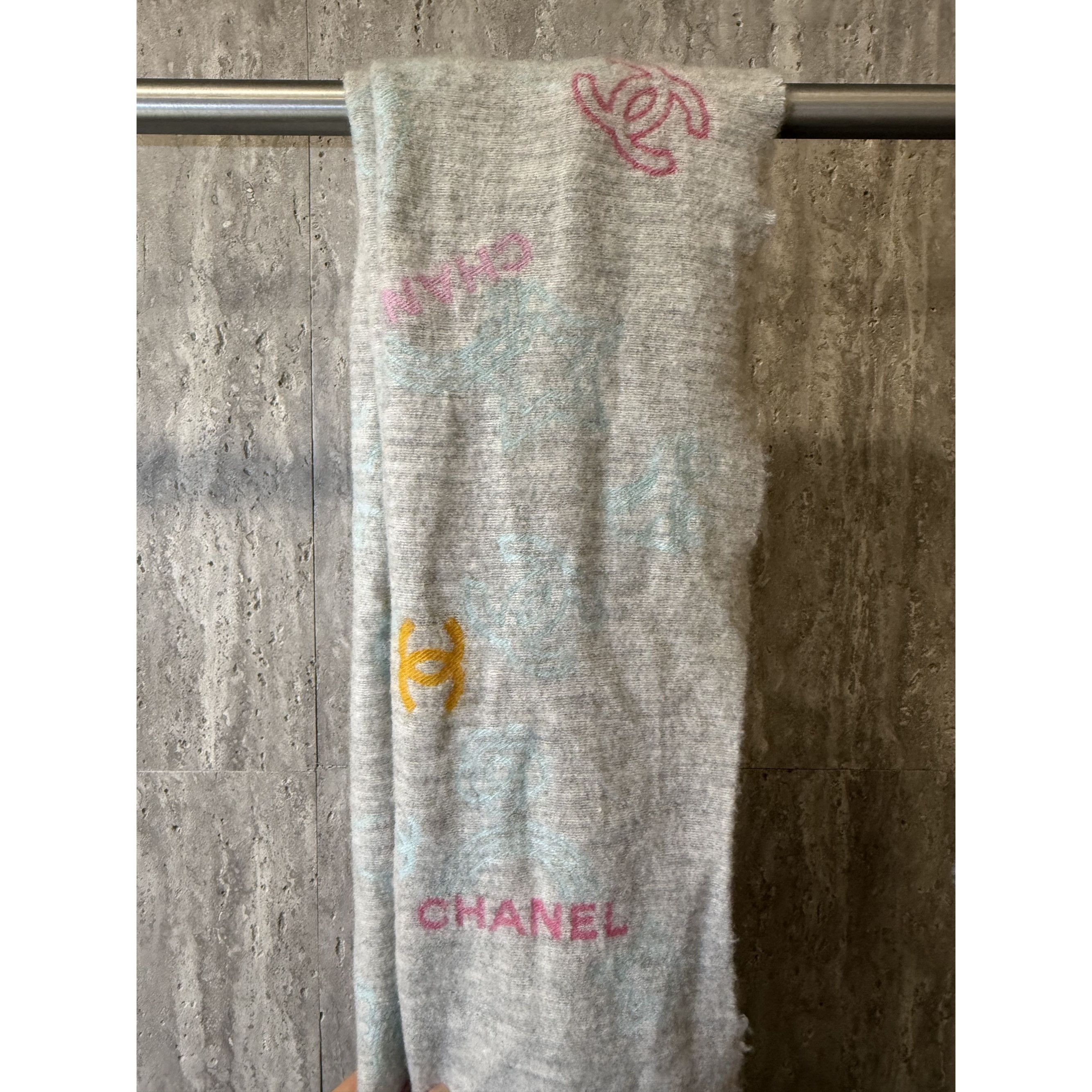 Chanel Chanel Gray Multicolor Logo Pattern Scarf 43% Cashmere 36% W Size ONE SIZE - 9 Thumbnail