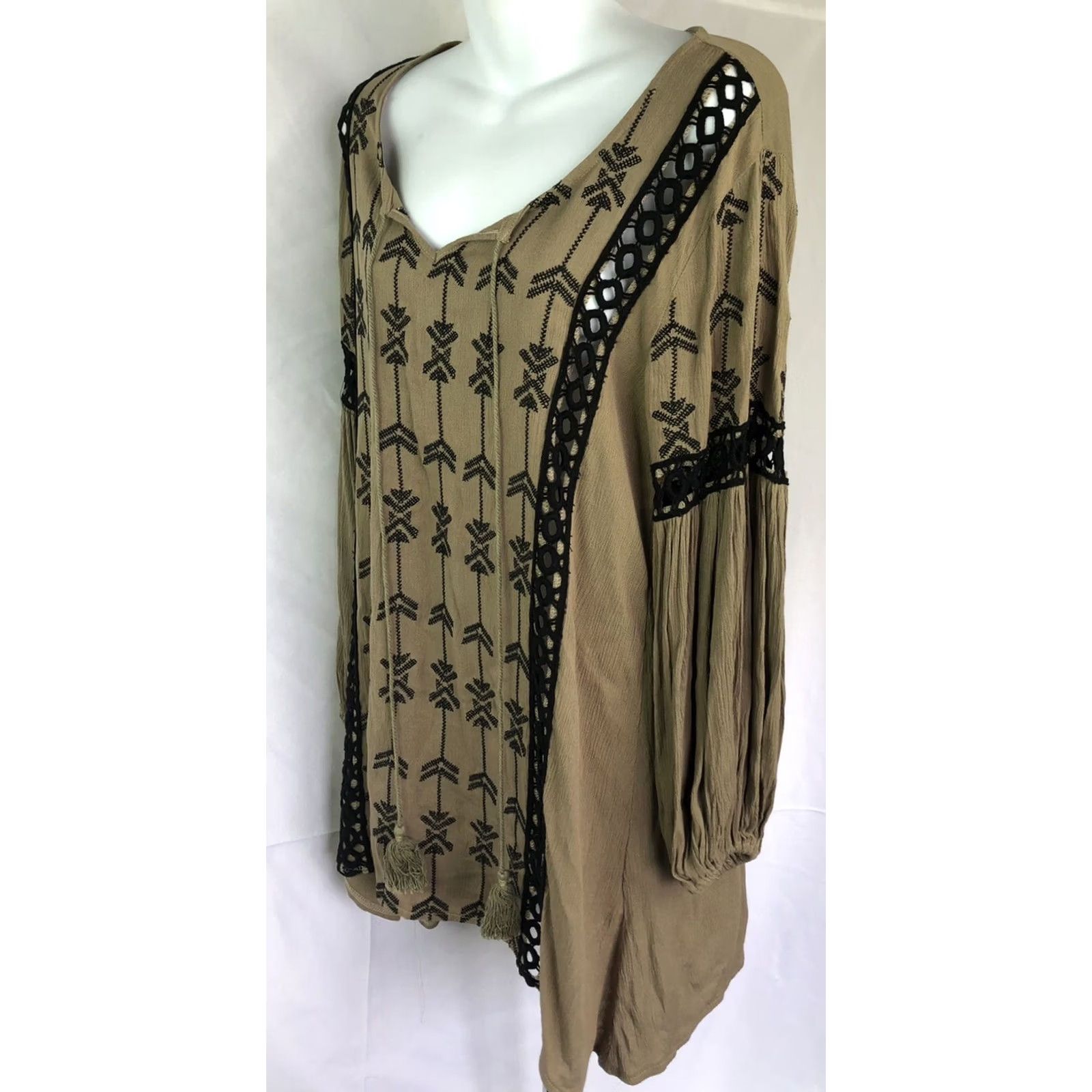 Vintage VELZERA Mini Dress S Brown Geo Tie ScoopNeck Hippie Boho Peasant Beach Cover Up Size S / US 4 / IT 40 - 3 Thumbnail