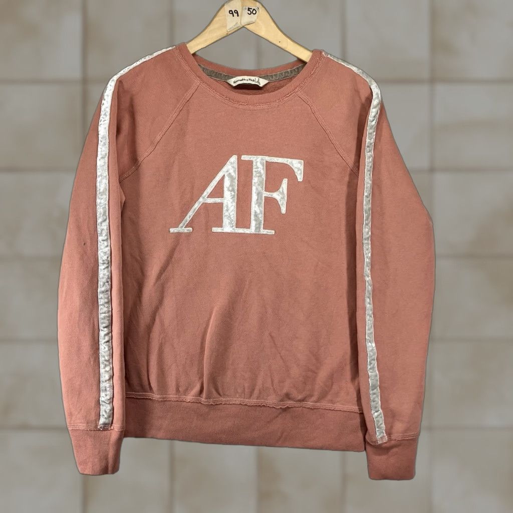 Abercrombie & Fitch Abercrombie & Fitch Sweatshirt Women's Large Raglan Sleeve Crew Neck Velvet Stripe Fleece Graphic Print Color Salmon Orange Modern Retro Size L / US 10 / IT 46 - 1 Thumbnail