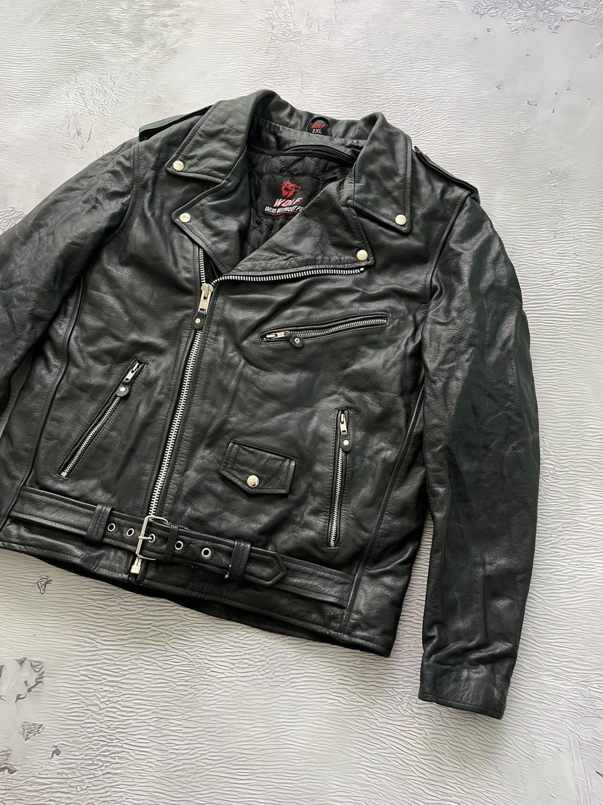 Wolf Wear Without Fear Vintage Leather Moto Jacket Black