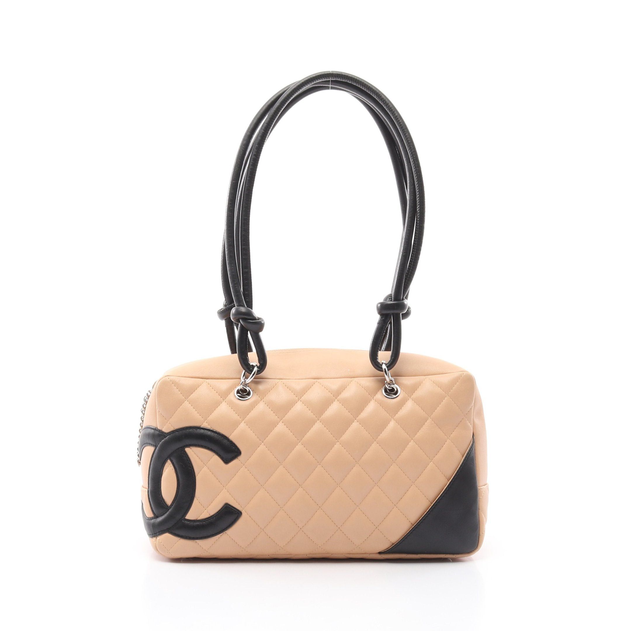 Chanel Cambon Line Bowling Bag Shoulder Leather Beige Black Silver Hardware, Women's
