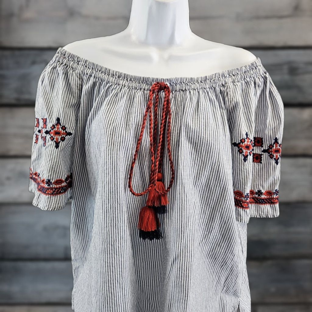 Loft VINTAGE Ann Taylor LOFT Womens Top Sz Medium Blue Red Embroidered Striped Tassels Size M / US 6-8 / IT 42-44 - 1 Thumbnail