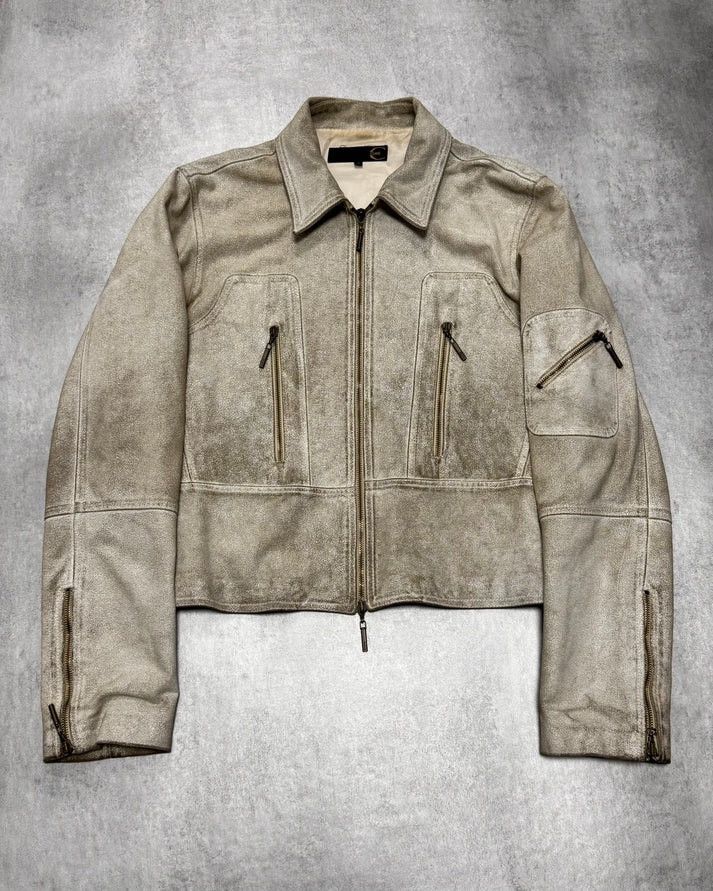 image of 2000S Just Cavalli Cropped Cracked Leather Jacket (M/l) in Sand, Men's (Size Medium)