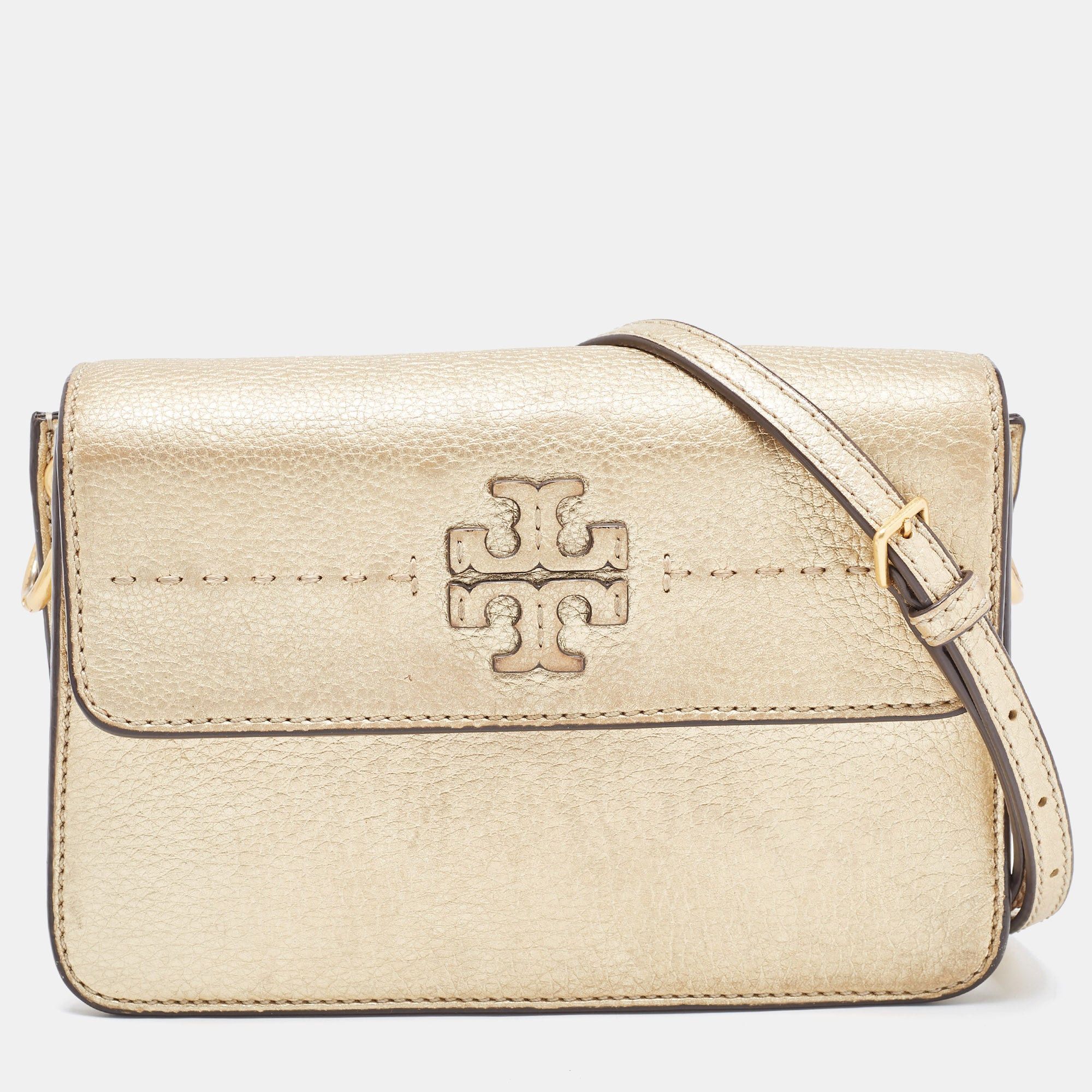 image of Tory Burch Gold Leather Mcgraw Crossbody Bag, Women's