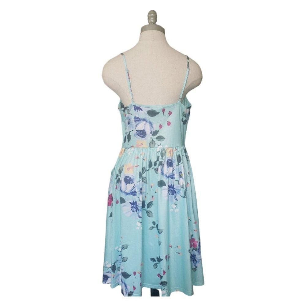 Designer CT340 Yathon Aqua Floral Spaghetti Strap Dress Size L / US 10 / IT 46 - 7 Thumbnail
