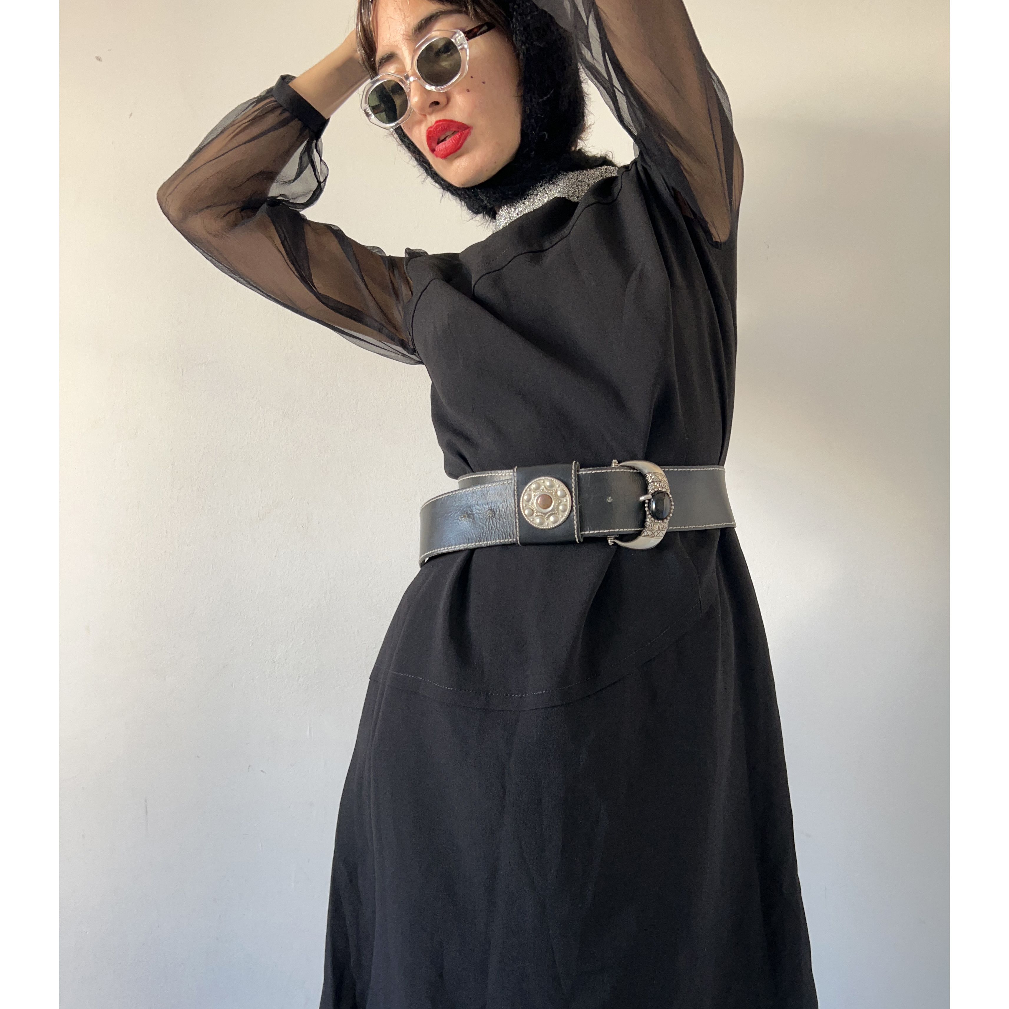 Vintage Vintage 70s Black Formal Midi Dress sheer sleeves Size S / US 4 / IT 40 - 5 Thumbnail