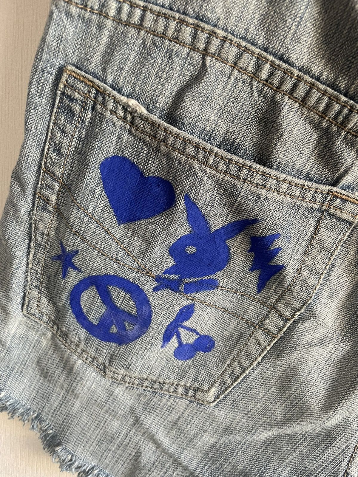 Handmade Custom y2k jeans shorts , playboy bunny , WRLD 999 Size 28" / US 6 / IT 42 - 2 Thumbnail