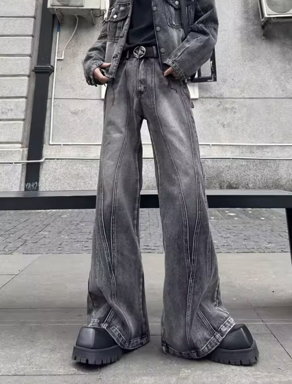 Denime × Jean × Vintage Trashy Y2K Streetwear Washed Grey Baggy Stacked Flare Jeans Size US 27 - 1 Thumbnail