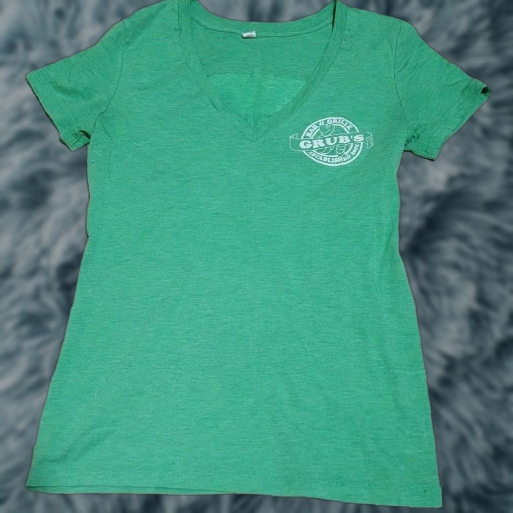 Bell Womens T Shirt V-Neck Grub's Bar & Grille Logo Graphic Solid Green Medium Bella M Casual Shirts Womens Size M / US 6-8 / IT 42-44 - 1 Thumbnail