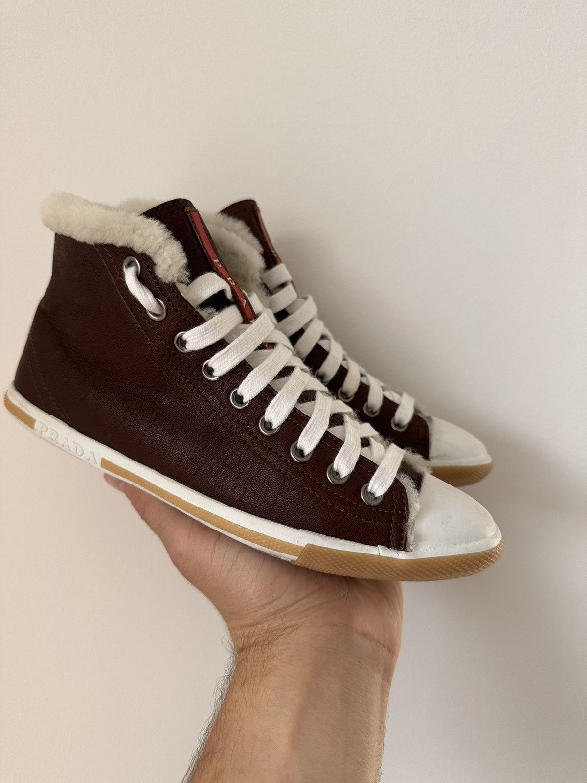 Prada Prada leather high top fur lining warm sneakers shoes Size US 6 / IT 36 - 9 Thumbnail