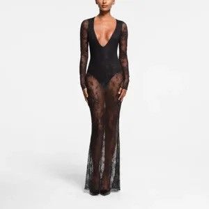 SKIMS Skim Black Ultra Fine Lace Plunge Long Maxi Dress M NWOT Size M / US 6-8 / IT 42-44 - 2 Thumbnail