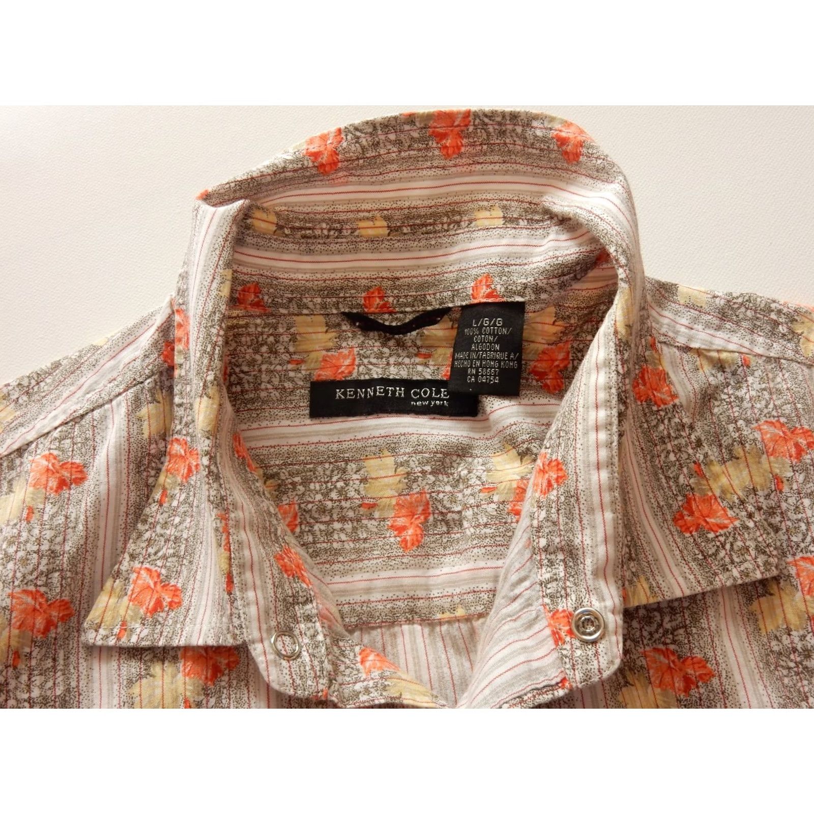Kenneth Cole Kenneth Cole Men's Button-Up Shirt Short Sleeve Floral Beige Cotton Denim L Men合彩 Size US L / EU 52-54 / 3 - 4 Thumbnail