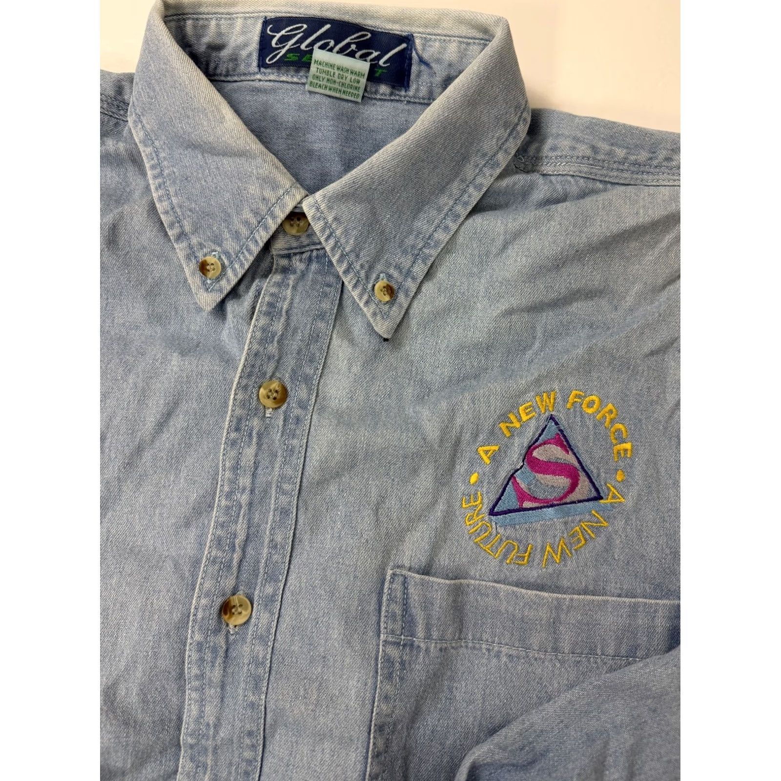 Denime VINTAGE Global Select Denim Shirt Mens Large Blue Embroidered 90s Casual Button-Up Collared Long Sleeve Midweight Pockets Size US L / EU 52-54 / 3 - 2 Thumbnail
