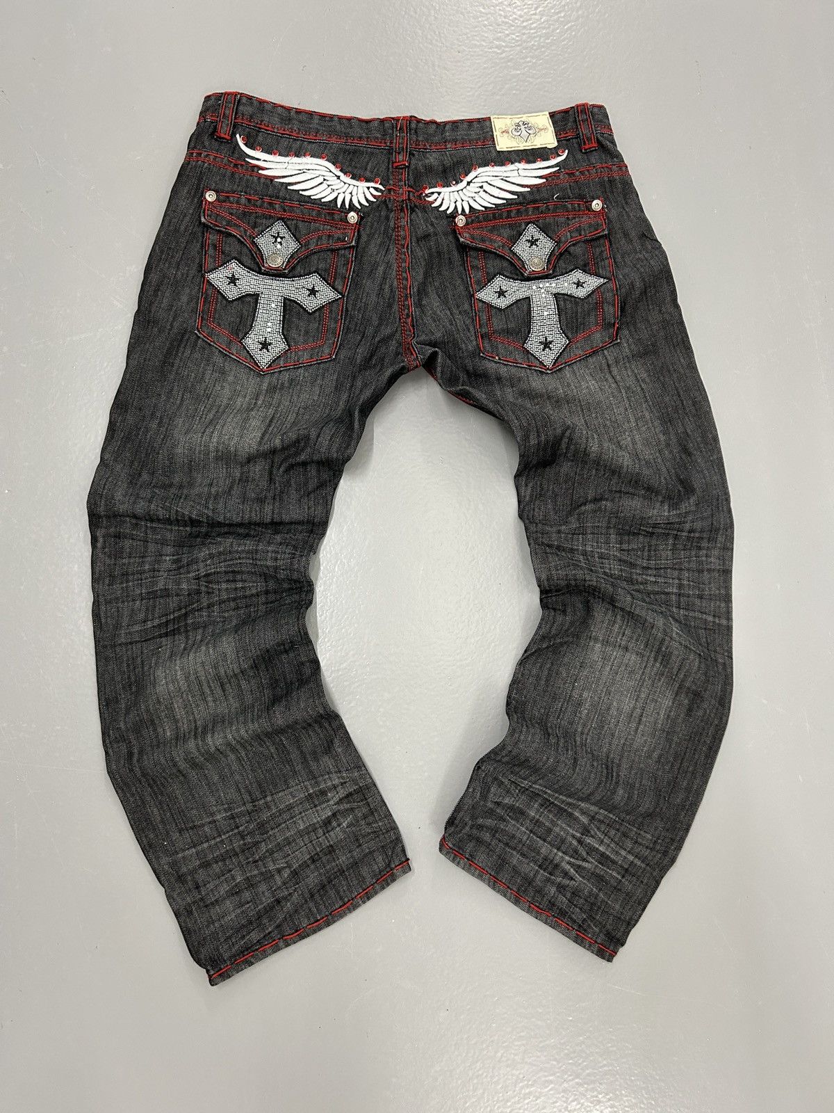 Image of Affliction x Ed Hardy Crazy Vintage Y2K Cross Wings Ed Hardy Style Jeans Grunge in Black (Size 40)