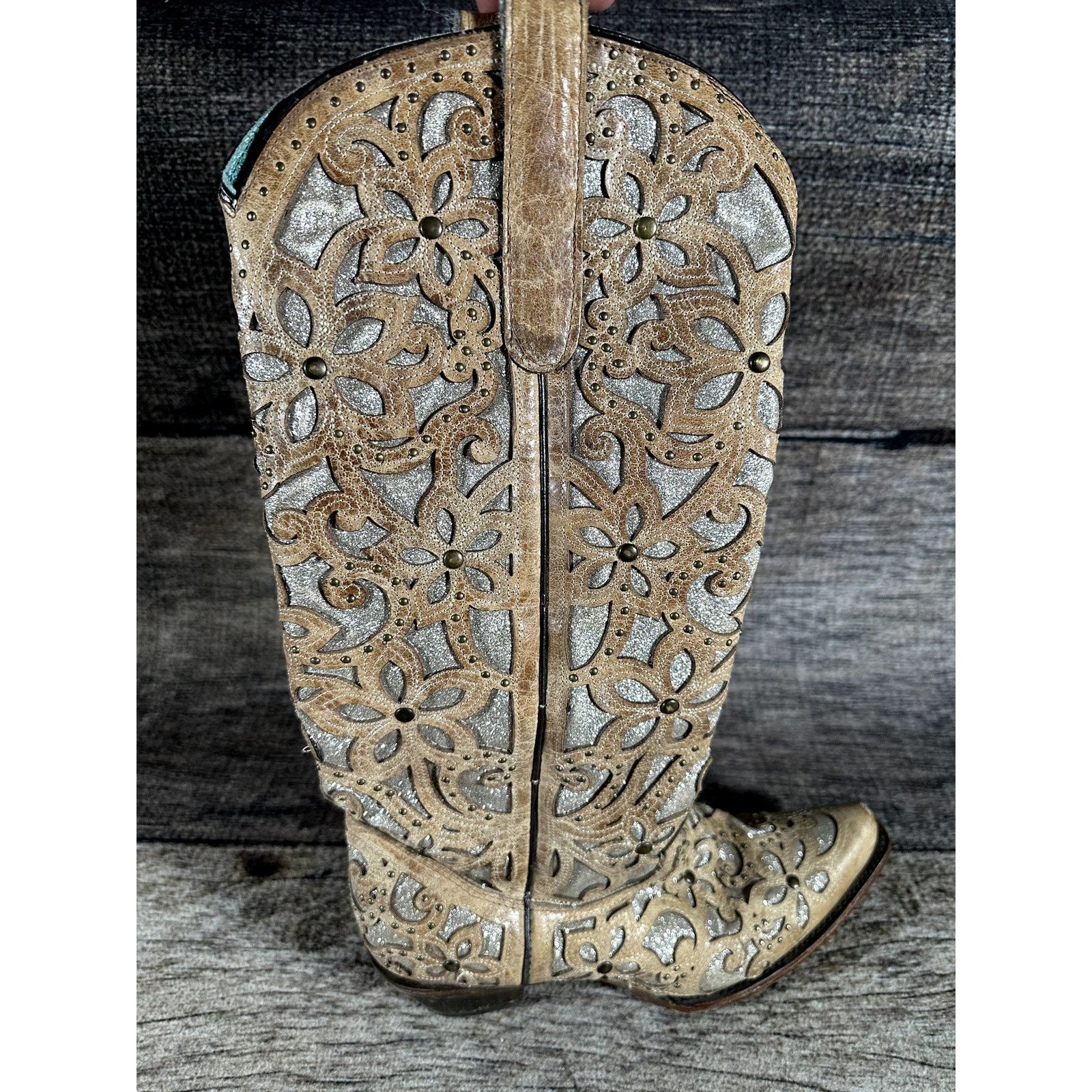 Corral Corral Ladies Sand Brown Glitter Inlay Studs Knee Boots 9.5 Size US 9.5 / IT 39.5 - 3 Thumbnail