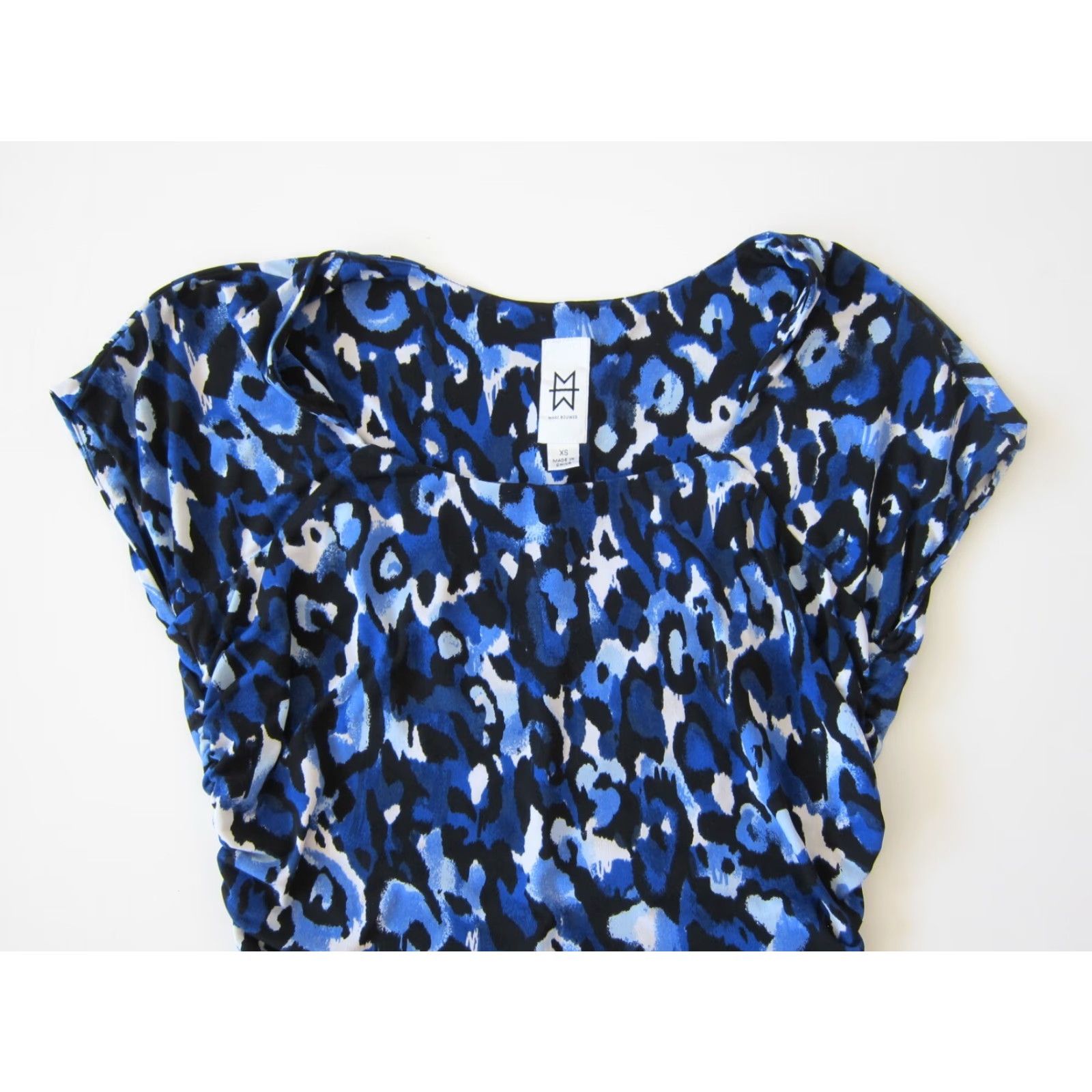 Marcs Marc Bouwer Leopard Stretch Cap Sleeve Ruched Bodycon Dress XS Blue White Black Leopard Pattern Midi Party/Cocktail Womens Size XS / US 0-2 / IT 36-38 - 3 Thumbnail