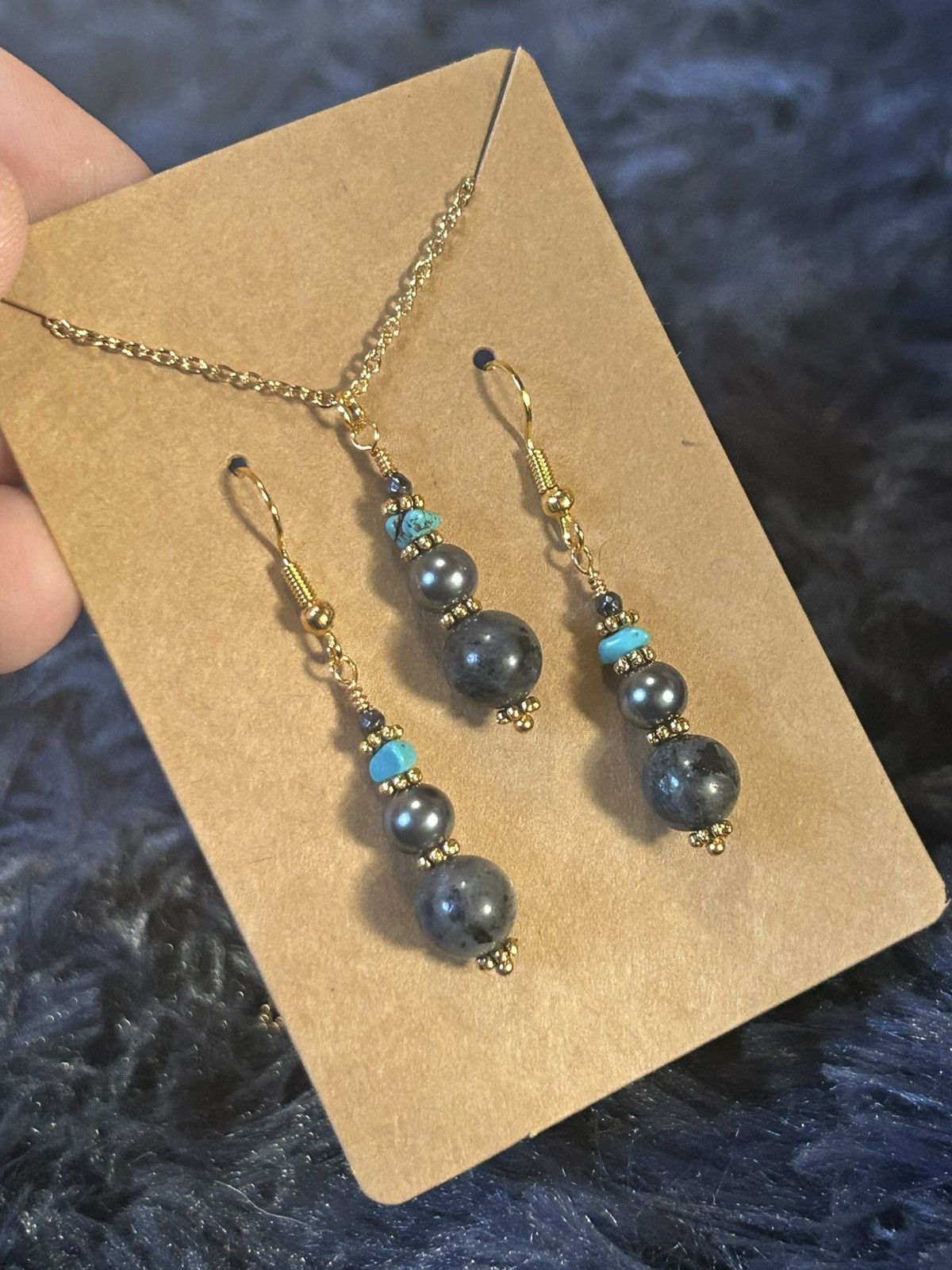 Handmade Handcrafted larvikite Czech glass pearl turquoise set Size ONE SIZE - 1 Thumbnail