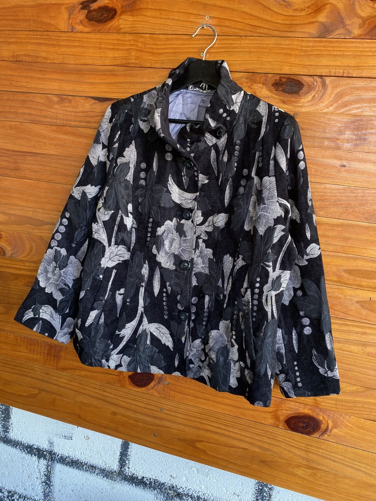 Japanese Brand Yoshiyuki Yama Women’s Black & Silver Floral Jacket Japan Size L / US 10 / IT 46 - 4 Thumbnail
