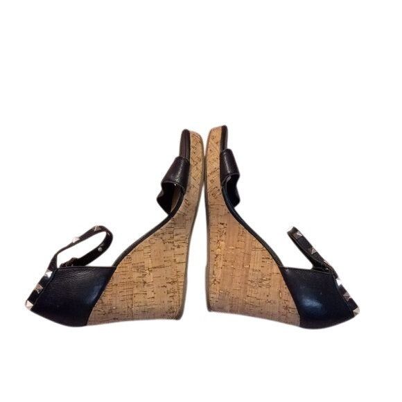 Marc Fisher Marc Fisher 8.5M Black Leather Wedge Sandals Cork Heel Studd Size US 8.5 / IT 38.5 - 5 Thumbnail